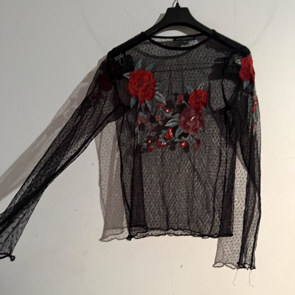 Y2K American Eagle Small Sheer Mesh Top Lettuce Trim Floral Whimsigoth Witchy